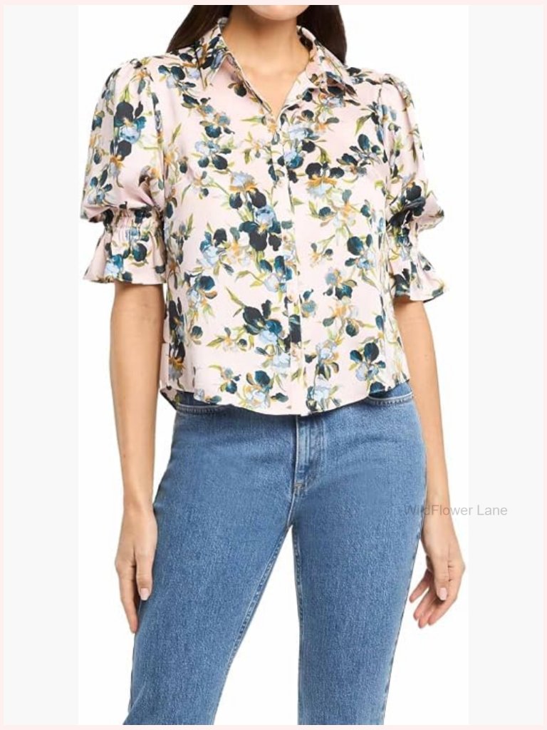 Floral Print Puff Sleeve Blouse With Trumpet Sleeve
